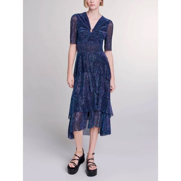 Maje Ruffled maxi dress Metallic Shimmer Tiered Draped size 3/ M evening event - Picture 1 of 15